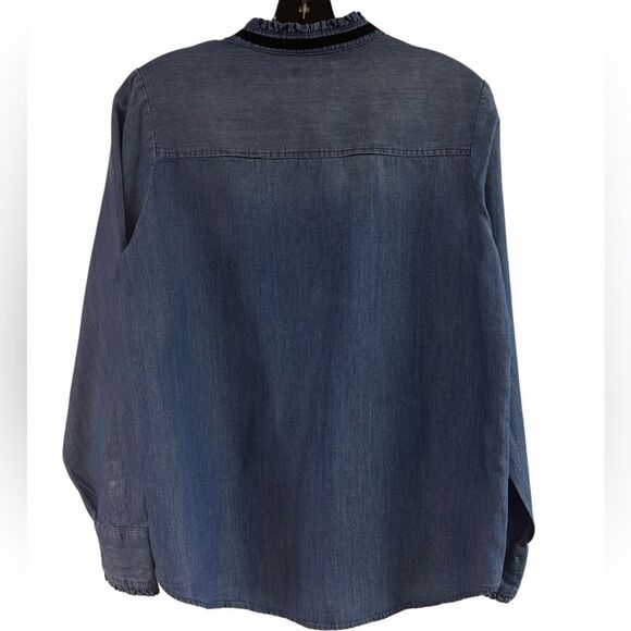 Kensie Jeans Denim Ruffle Collar & Sleeve Button Down Top Size M - Picture 2 of 5